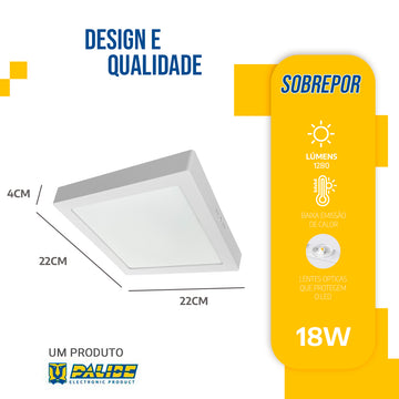 Painel Led 22x22cm 48w Sobrepor quadrado Luminária